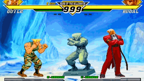 Guile And Rugal Are Fighting In A Video Game With A Score Of 999 GIF