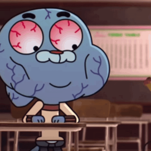 gumball from the amazing world of gumball sits at a desk in a classroom