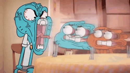 Gumball Sitting at Table With Two Cartoon Characters