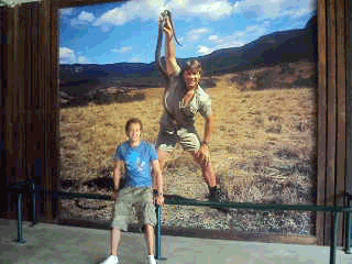 Guys Posing With Steve Irwin Giant Poster GIF