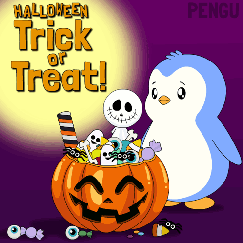 Halloween Trick or Treat Sign Penguin Candy-Filled Pumpkin