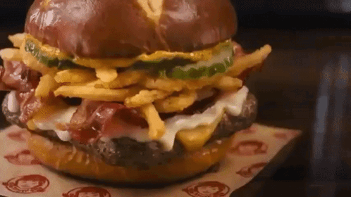 Hamburger With Fries Bacon Cheese and Pickles