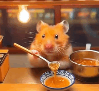 Hamster Sitting At Table Holding Spoon And Soup GIF