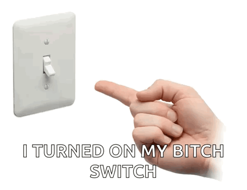 Hand Pointing at Light Switch Saying I Turned on My Bitch Switch