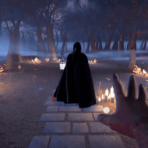 Hand Reaching Toward Man in Black Cape in Dark Forest