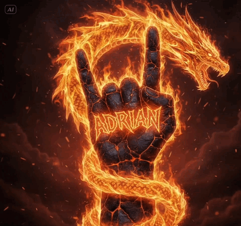 Hand With Adrian Written On It Surrounded By Flames