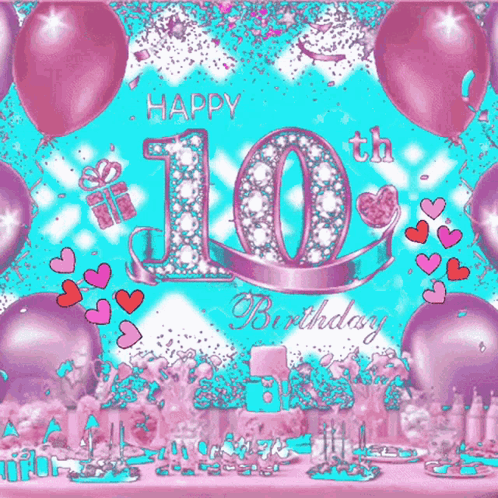 Happy 10Th Birthday With Balloons And Hearts GIF