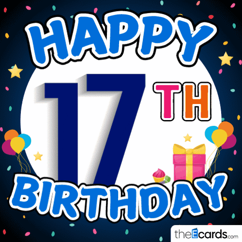Happy 17th Birthday Card with Balloons and Confetti