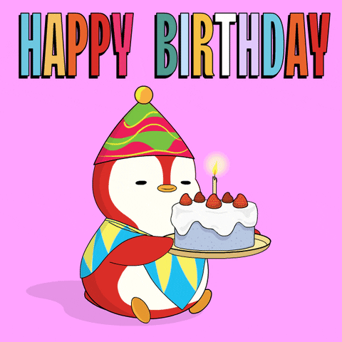 Happy 1st Birthday Pudgy Penguin Holding Cake GIF