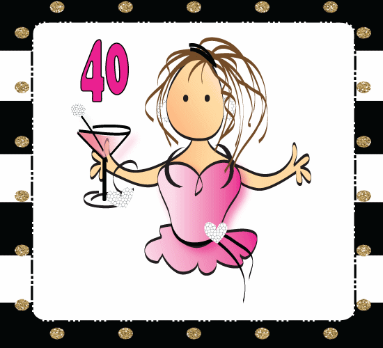 Happy 40th Birthday Animated Girl Cartoon Cocktail GIF