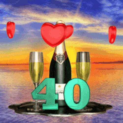 Happy 40th Birthday Champagne Toast Beach Hearts GIF