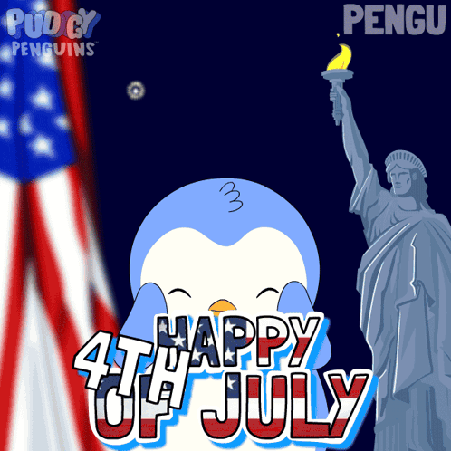 Happy 4th of July Penguin and Statue of Liberty