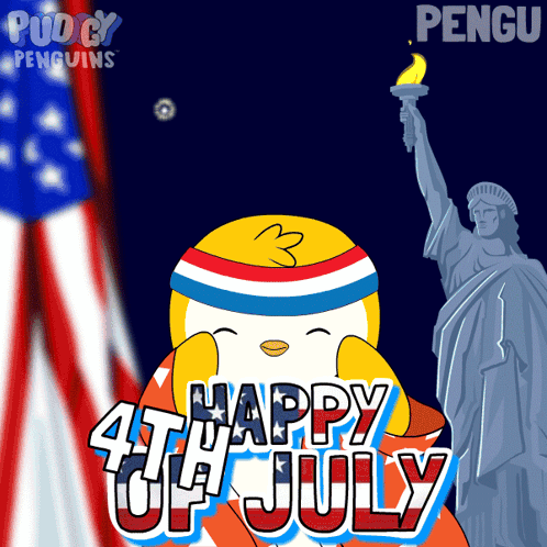 Happy 4th of July Penguin and Statue of Liberty
