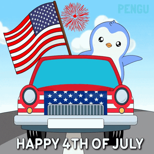 Happy 4th of July Penguin in Car with American Flag