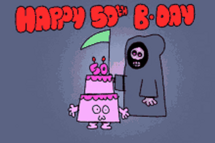 Happy 50th Birthday Pink Cake Grim Reaper GIF