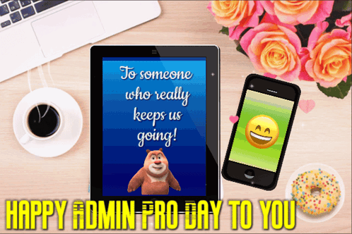Happy Admin Day Table With Gadgets And Coffee GIF
