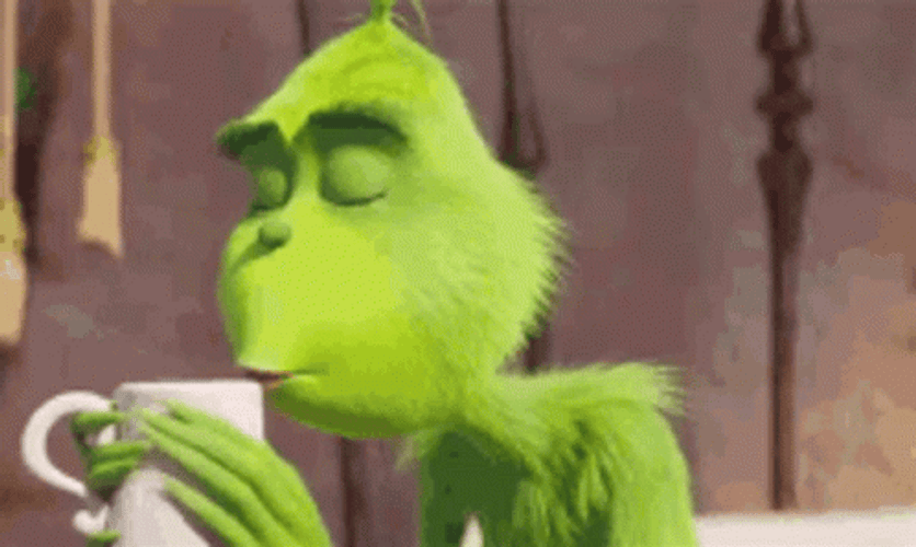 Happy And Sad Grinch While Drinking Animated Coffee GIF