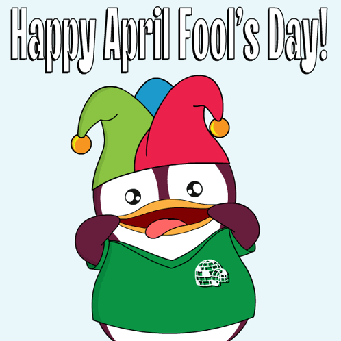 Happy April Fools Day Pudgy Penguin Pulling Cheeks GIF