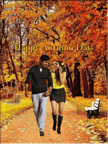 Happy Autumn Day Card Man and Woman Walking in Woods