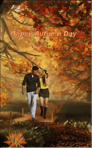 Happy Autumn Day Greeting Card Man and Woman Walking