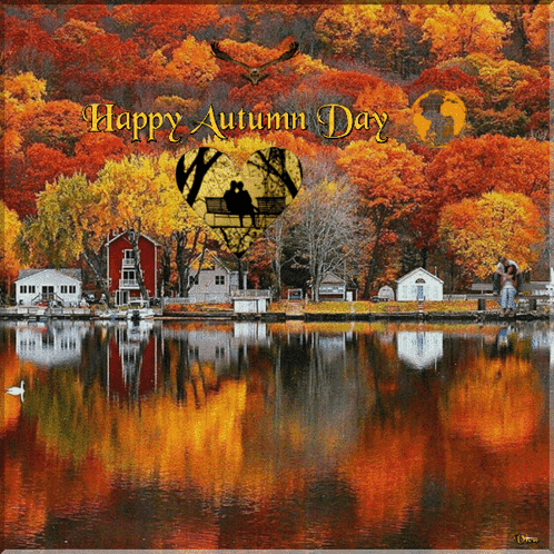 Happy Autumn Day Greeting Card With Lake