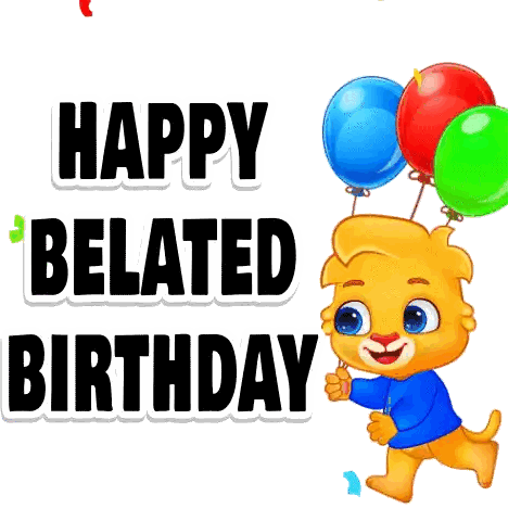 Happy Belated Birthday Card with Cartoon Holding Balloons