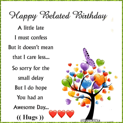 Happy Belated Birthday Card With Tree And Hearts GIF