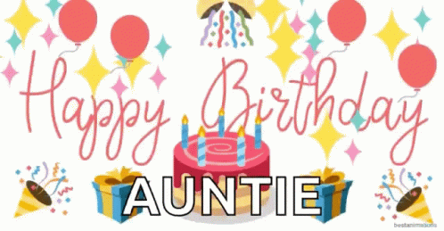 Happy Birthday Aunt Animated Cake & Balloons GIF