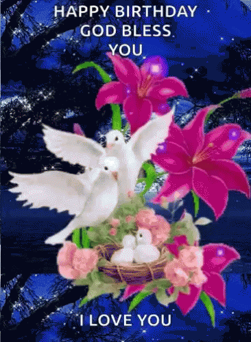 Happy Birthday Blessings With Birds And Flowers GIF