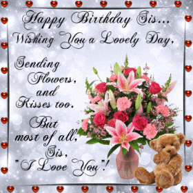 Happy Birthday Blessings With Bear And Flowers GIF