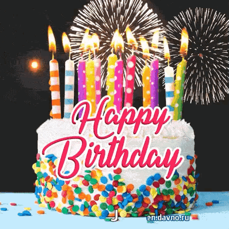 Happy Birthday Cake With Candles and Fireworks