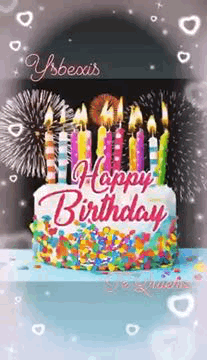 Happy Birthday Cake with Candles and Fireworks