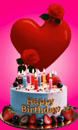 Happy Birthday Cake With Candles And Strawberries GIF