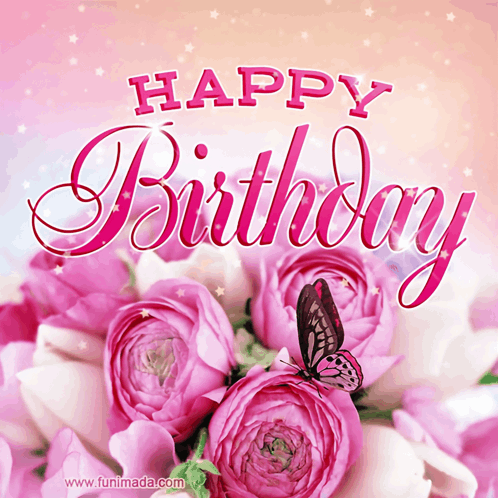 Happy Birthday Card Pink Flowers Butterfly