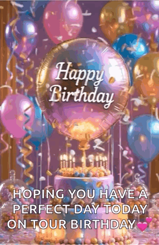 Happy Birthday Card with Balloons and Cake
