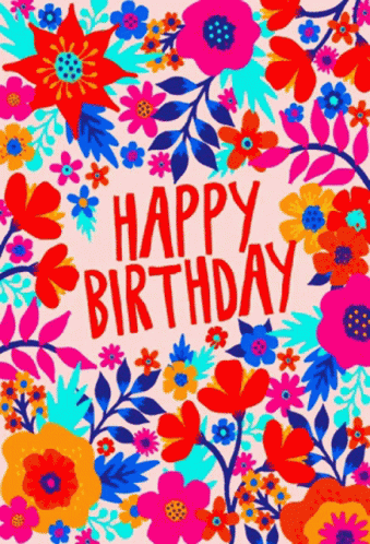 Happy Birthday Card with Balloons and Flowers