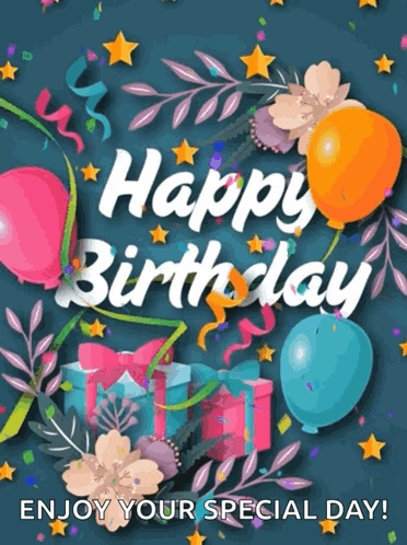 Happy Birthday Card With Balloons And Flowers GIF