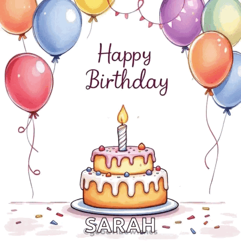 Happy Birthday Card With Cake And Balloons For Sarah GIF