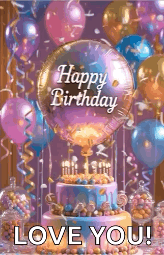 Happy Birthday Card with Cake and Balloons