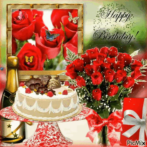 Happy Birthday Card with Cake and Red Roses