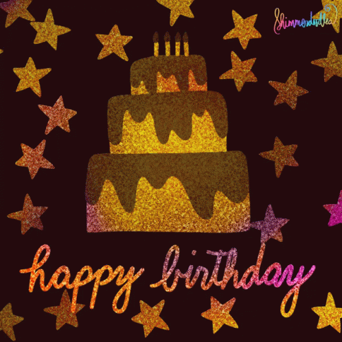 Happy Birthday Card With Cake And Stars GIF