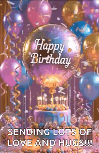 Happy Birthday Card With Cake Balloons and Love Hugs