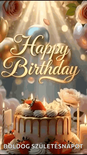 Happy Birthday Card With Cake, Candles, Balloons, Flowers GIF