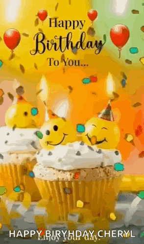 Happy Birthday Card with Cupcakes Balloons