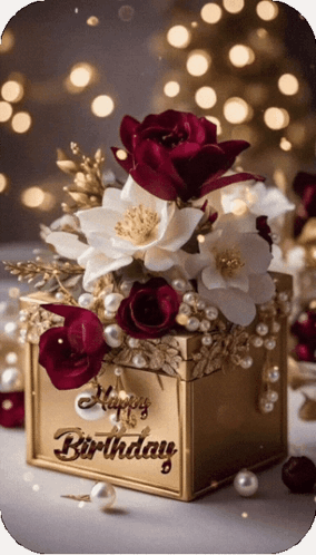 Happy Birthday Card With Flowers Pearls Gold Box