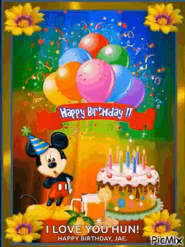 Happy Birthday Card With Mickey Mouse Balloons and Cake