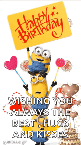 Happy Birthday Card With Minions Holding Sign GIF