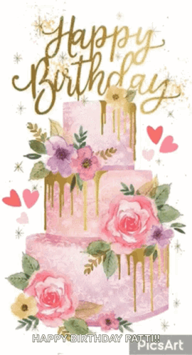 Happy Birthday Card with Pink Cake and Flowers