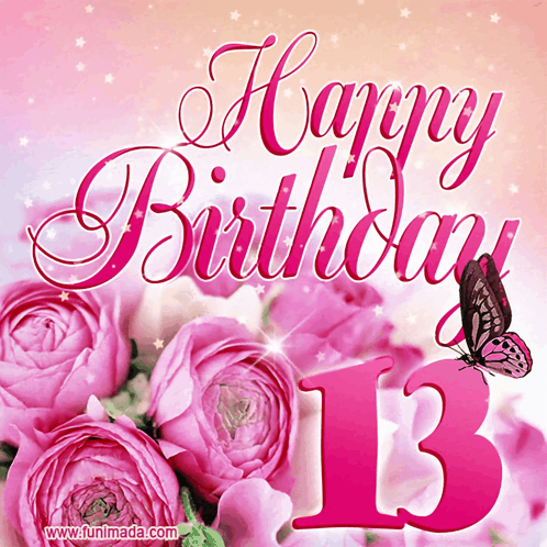 Happy Birthday Card with Pink Roses and 13