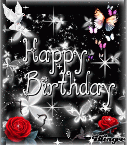Happy Birthday Card With Red Roses and Butterflies